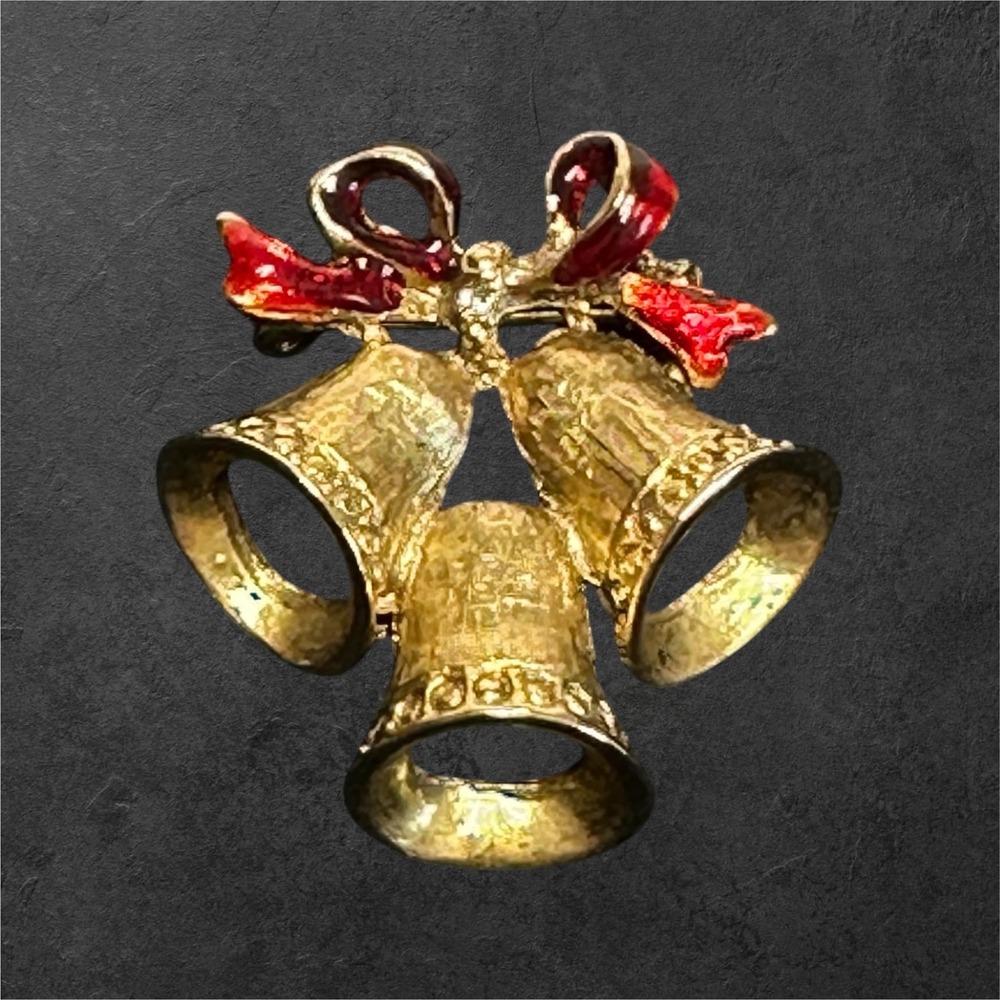 Vintage Christmas Bell Brooch Red Enamel Bow Gold Tone Holiday Pin